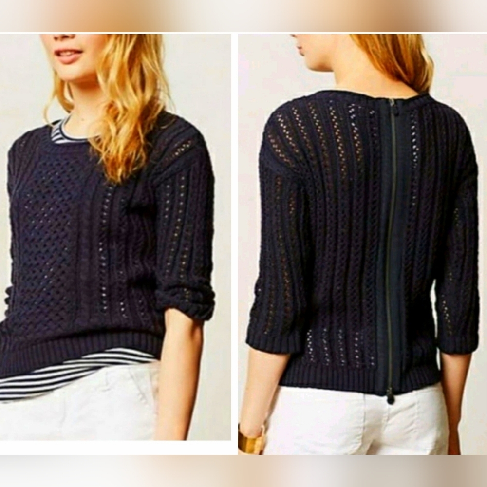 Moth Anthropologie Full Zip Back Open Cable Knit Sweater Sz Med Navy Blue